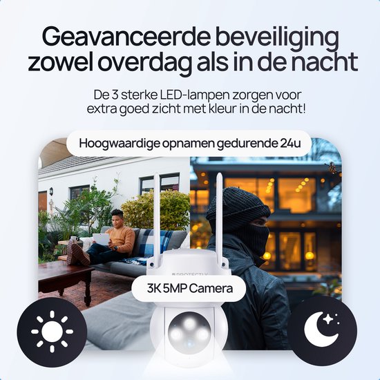 Protectly® Beveiligingscamera Buiten – 3K HD 5MP - 64GB SD - Buiten Camera Met Nachtzicht – Buitencamera - Bewakingscamera voor Buiten- Met WiFi en APP - Wit