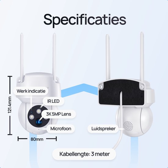 Protectly® Beveiligingscamera Buiten – 3K HD 5MP - 64GB SD - Buiten Camera Met Nachtzicht – Buitencamera - Bewakingscamera voor Buiten- Met WiFi en APP - Wit