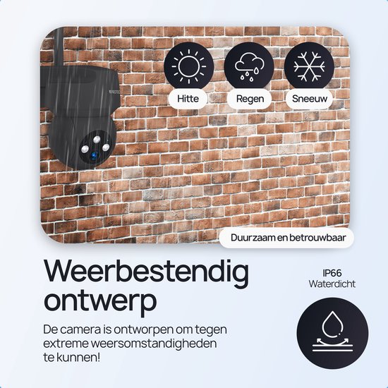 Zwarte Protectly camera op een bakstenen muur toont weerbestendigheid tegen hitte, regen en sneeuw. IP66 waterdicht.