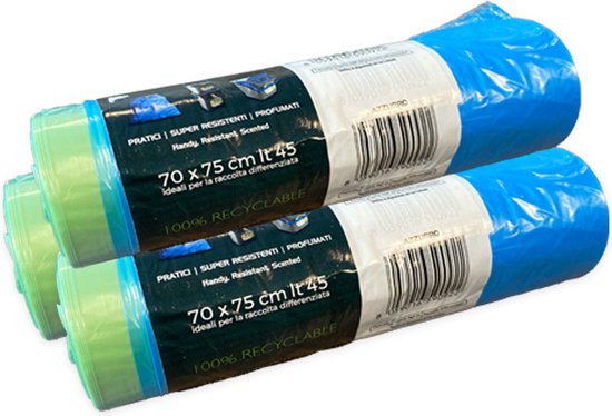 Sacs poubelle parfumés 'Maxi' - 70 x 75 cm - 3 rouleaux - 15 sacs par rouleau - Sacs à cordon - Blauw
