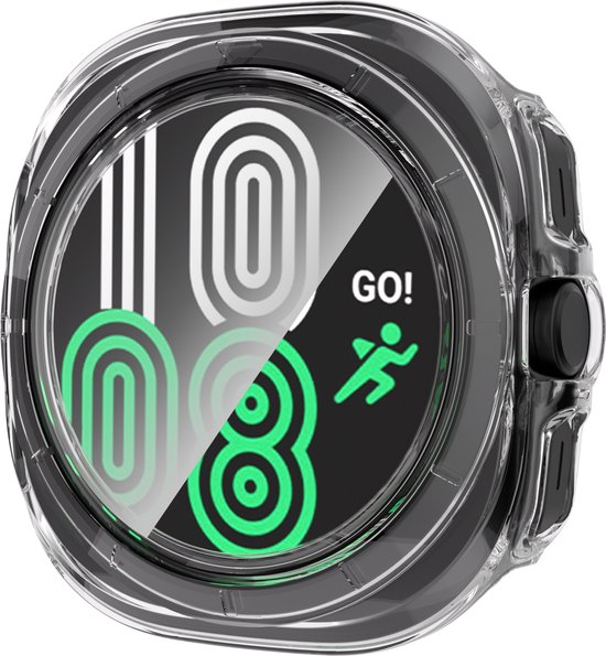 Transparante smartwatch case met een zwarte band en een wijzerplaat die 10:08 aangeeft.