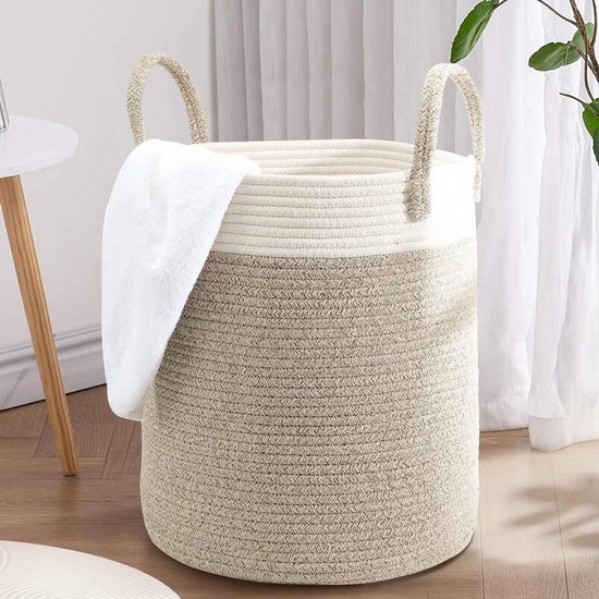 TIMEYARD Wasmand groot, wasmand, opbergmand met handvat kinderkamer touw katoenen mand handdoekmand voor badkamer woonkamer, mand voor dekens babyspeelgoed, 38x50cm, zwart