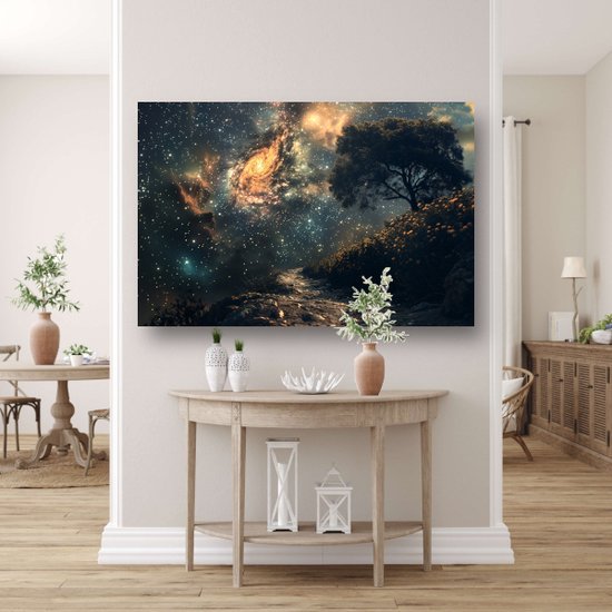 Nachtsky schilderijen - Natuur wanddecoratie - Schilderijen canvas Sterren - Muurdecoratie industrieel - Schilderijen canvas met baklijst - Woondecoratie canvas met baklijst 150x100 cm