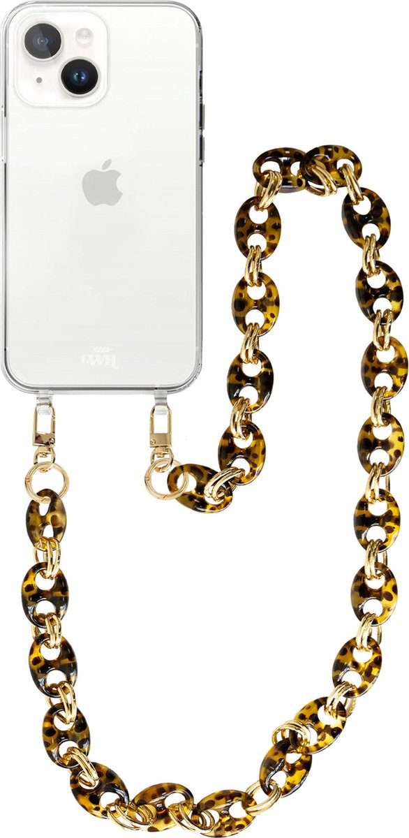 xoxo Wildhearts silicone case met koord - Transparant telefoonhoesje met koord - telefoonketting - Marble Brown - Lang koord - Cord Case - geschikt voor Apple iPhone 14 Plus hoesje - Ketting met marmere look - marmer - bruin