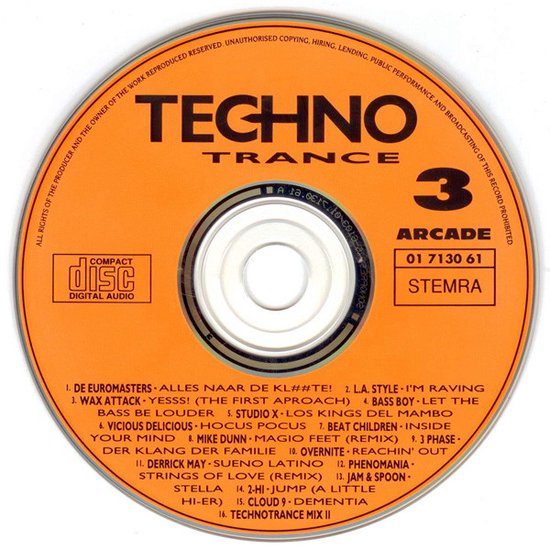 Oranje CD met 'TECHNO TRANCE 3' en tracklist. Compact Disc Digital Audio logo links.