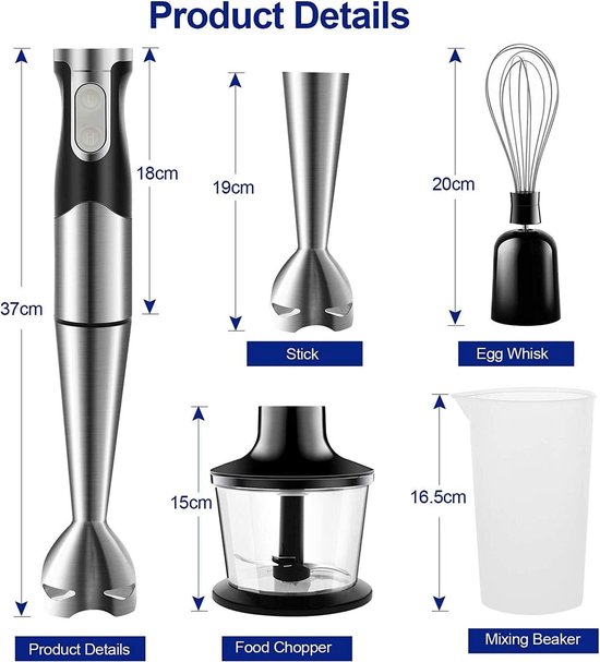 Staafmixer 5-in-1 van roestvrij staal, 1000 W pureerstaaf met 12 snelheden en turbo-modi, inclusief garde, melkopschuimer, 500 ml voedselhakmolen en maatbeker