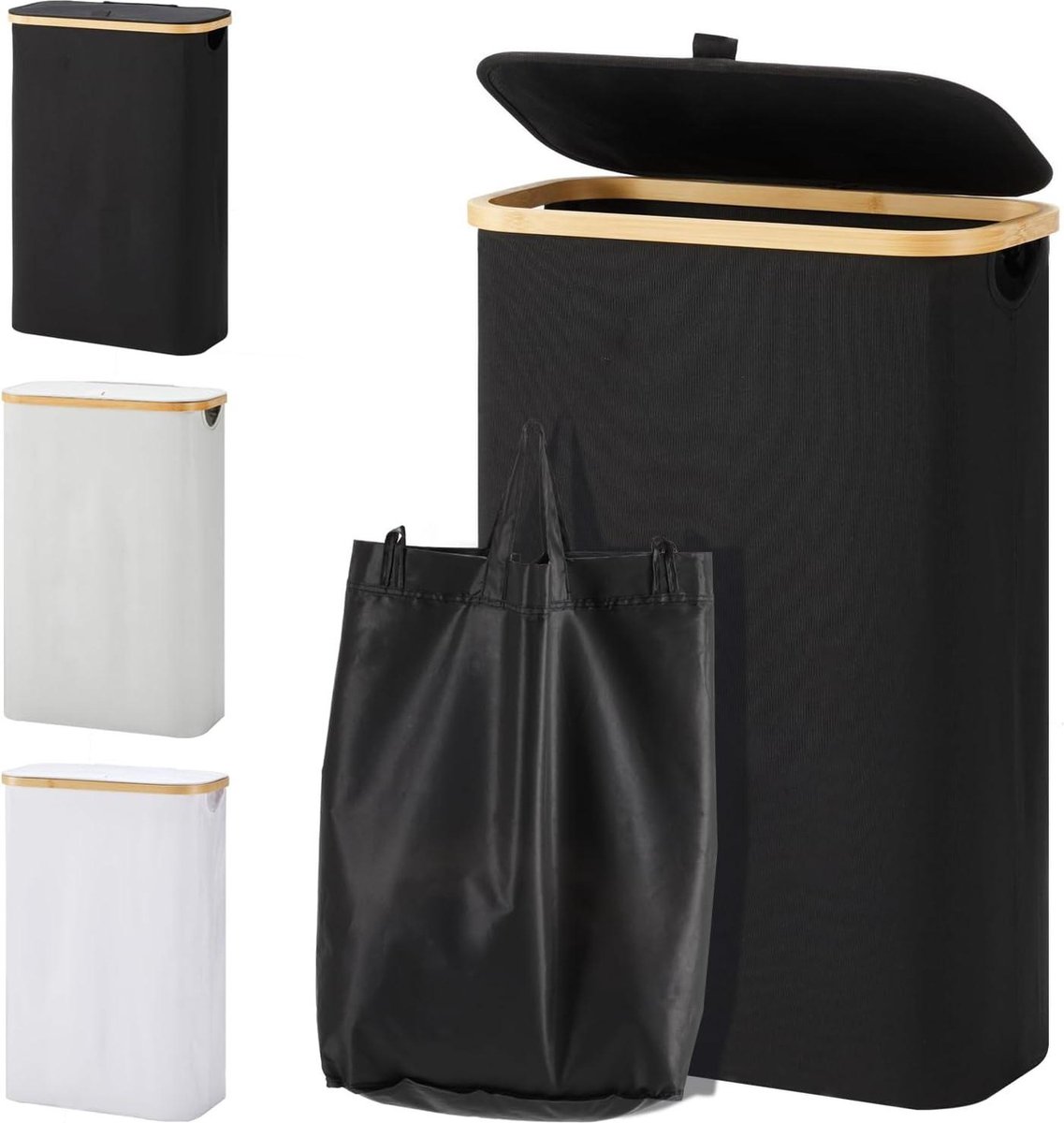 Goedkoopste Wasmand - 48 liter opvouwbare wasmand met deksel - wasverzamelaar smal - hout bamboe - waszak - hoge wasmand - zwart wasmand