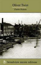 Boek 'Oliver Twist' van Charles Dickens met een omslagafbeelding van een 19e-eeuwse havenstad.