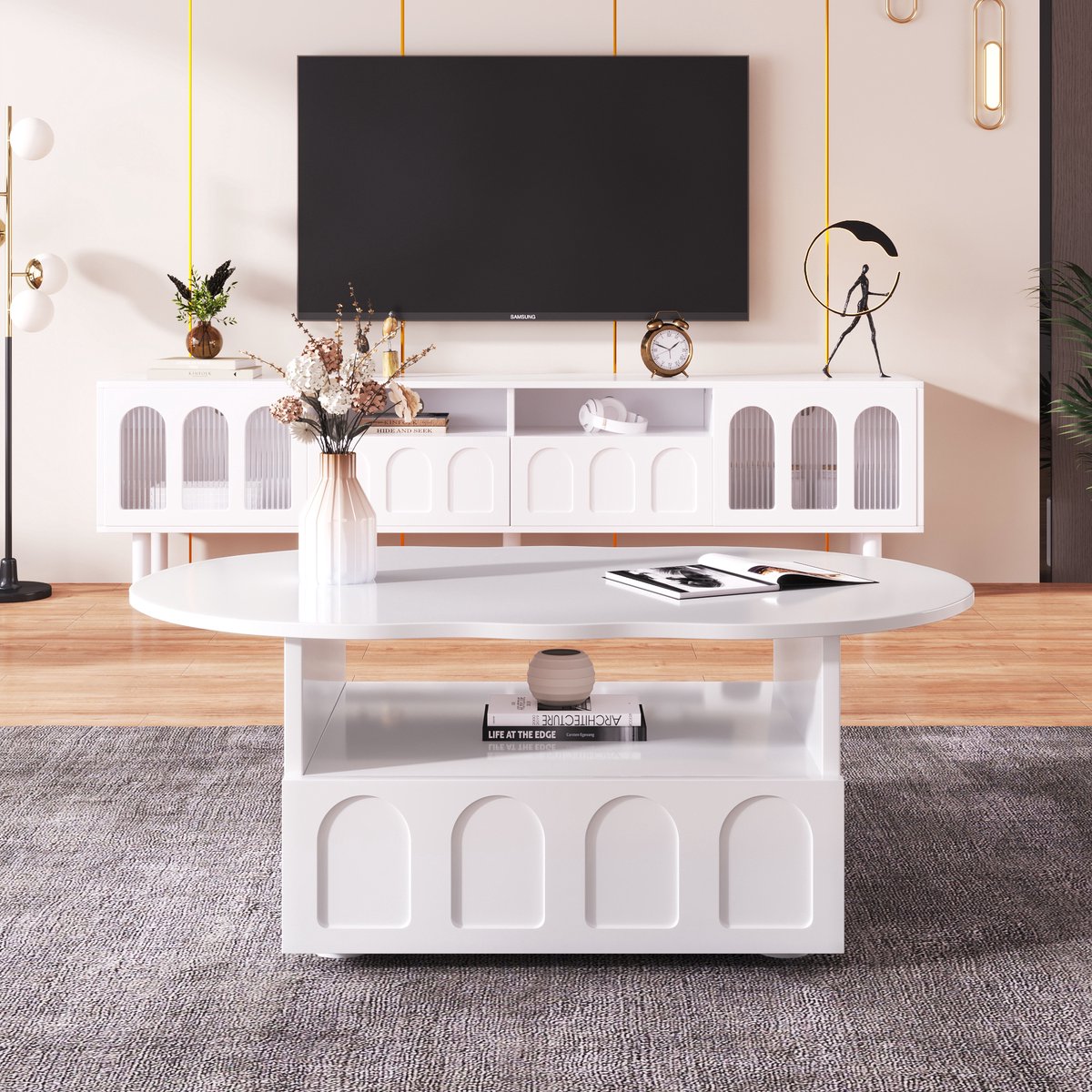 Salontafel 95x62.5x32 cm - wolkvorm - met LED-verlichting - ronde poten - wit