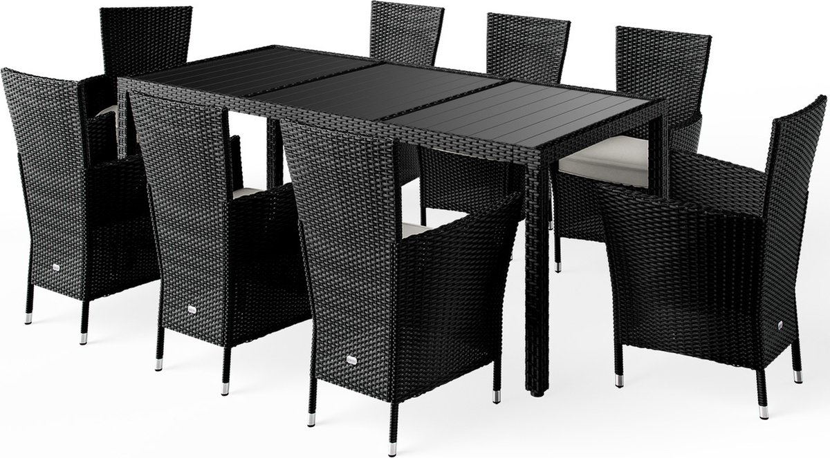 Polyrattan tuintafelset met 8 zwarte stoelen - CASARIA meubelcollectie.