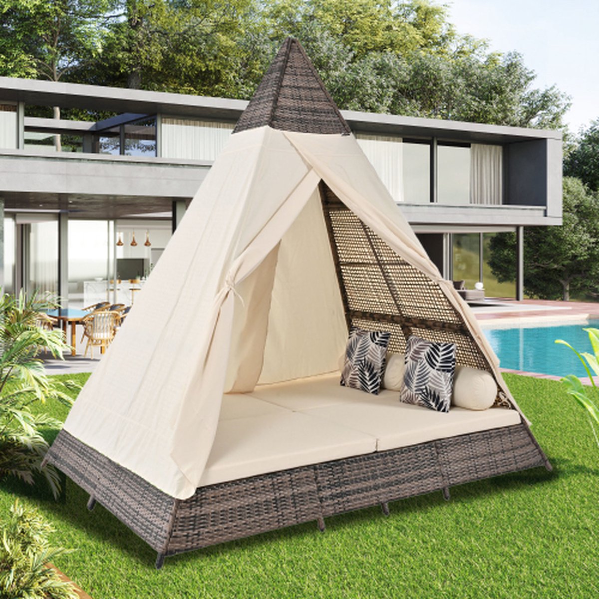 Rotan tent - geschikt voor 2-4 personen - inclusief alle zitkussens en kussens, grijs rotan, beige deurgordijn, zitkussens met rits - afneembaar en wasbaar