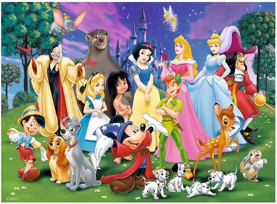 Groep van 16 Disney figuren op een groene heuvel met een kasteel en sterrenhemel.