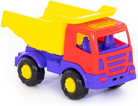 Rode kiepwagen met gele bak, paarse onderkant en blauwe stoelen. Zwarte wielen met gele doppen.