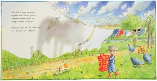 Een jongen in blauwe overall met mand, kippen en een hond in een weide.