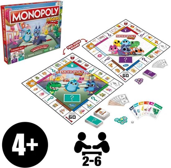 De doos en het speelbord van Monopoly Junior, met speelstukken, geld en kaarten.