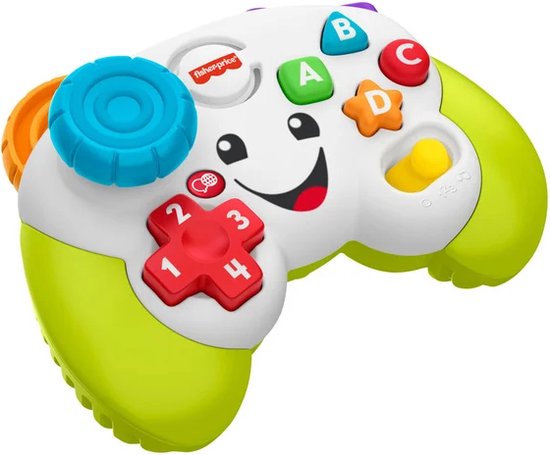 Fisher-Price speelgoedcontroller met een lachend gezicht, ABC-knoppen, cijfers 1-4, draaischijf en oranje rol aan de zijkant. Wit met groene handvatten.