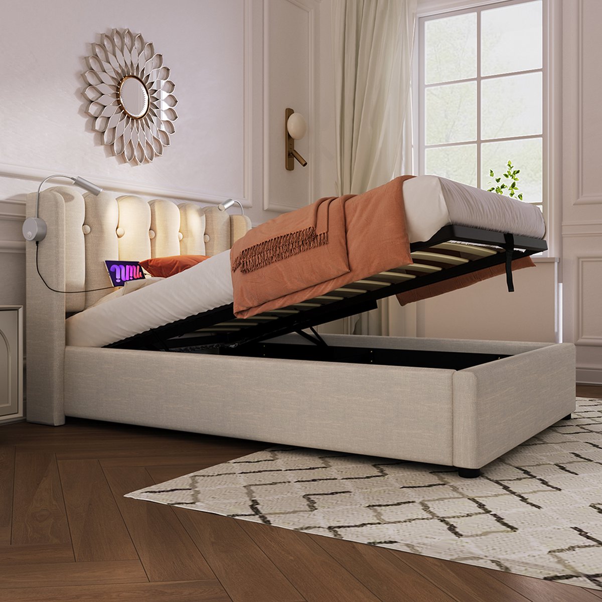 KOMHTOM Bed Eenpersoonsbed 90x200 cm Gestoffeerd Hoofdbord Opbergruimte Velours bedframe Tienerbed met lattenbodem Naturel met matras Beige met Matras