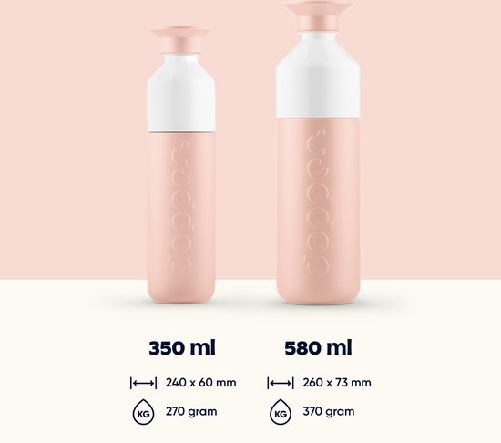 Twee Dopper Insulated drinkflessen van 350 ml en 580 ml in pebble peach.
