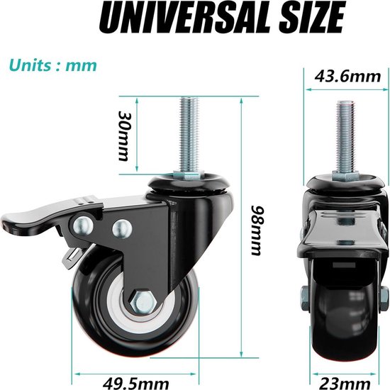 4 stuks zware zwenkwielen 125 mm zwenkwielen met rem tot 400 kg palletwielen wielen voor meubels 360 ° draaibaar, geen geluid (2 remwielen, 2 zwenkwielen) (4, 160 mm