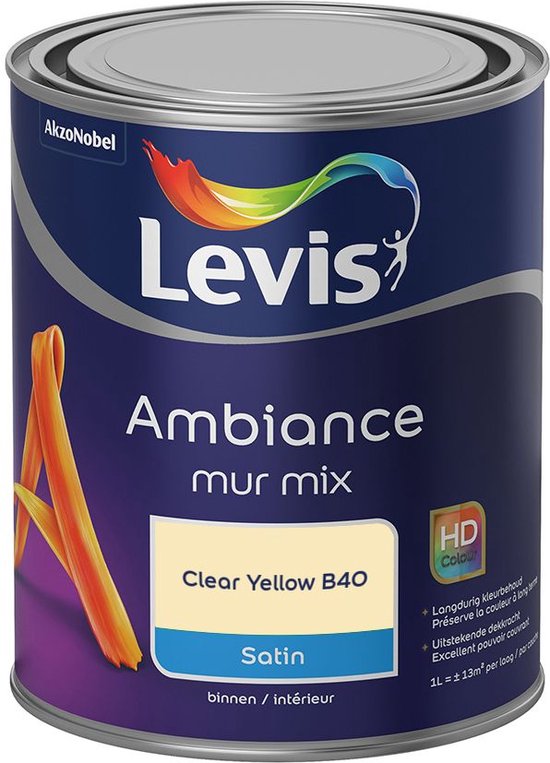 Une boîte de peinture Levis Ambiance Mur Mix, couleur 'Clear Yellow B40', 1L satin.