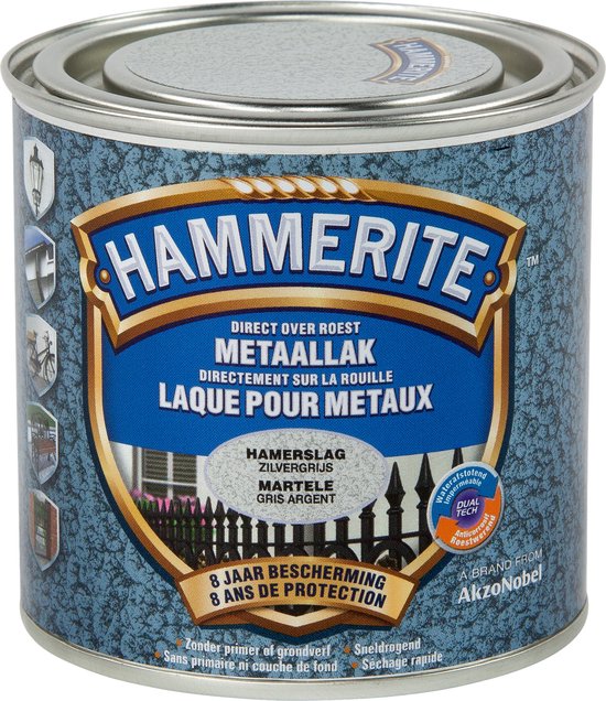 Hammerite Metaallak Hamerslag - Zilver Grijs - Zilver Grijs - 250 ml - 10 m²/l - Afwerkingslaag