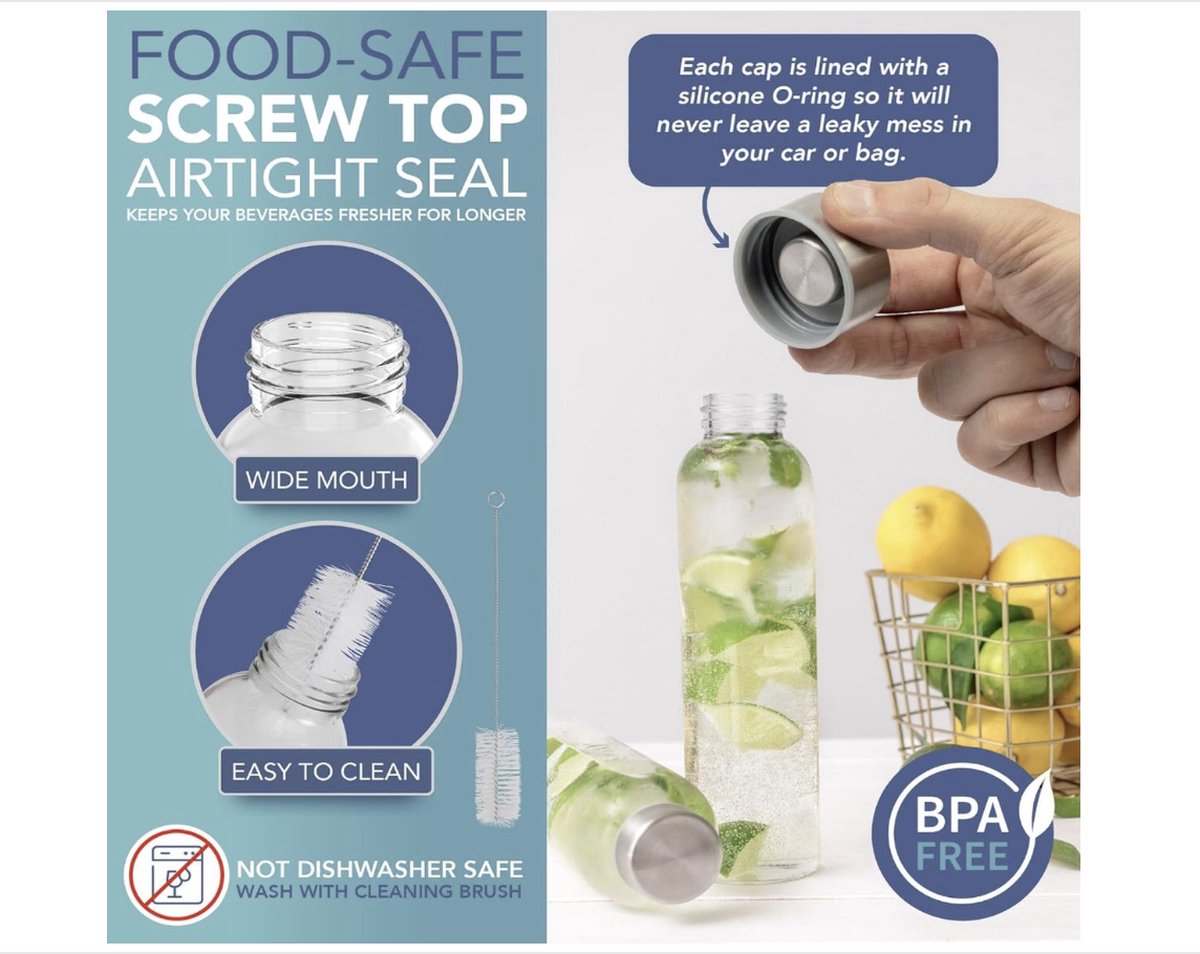 HEFTMAN glazen waterfles 1 liter - 3-pack lege glazen flessen met deksels - Water, smoothies, glazen sapflessen met luchtdichte, lekvrije, roestvrijstalen deksels en reinigingsborstel voor werk HEFTMAN glazen waterfles 1 liter - 3-pack lege glazen flessen met deksels - Water, smoothies, glazen sapflessen met luchtdichte, lekvrije, roestvrijstalen deksels en reinigingsborstel voor werk