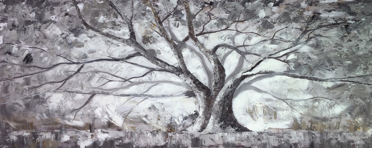 karo-art Schilderij - Handgeschilderd - Winterboom, 60x150 Multikleur