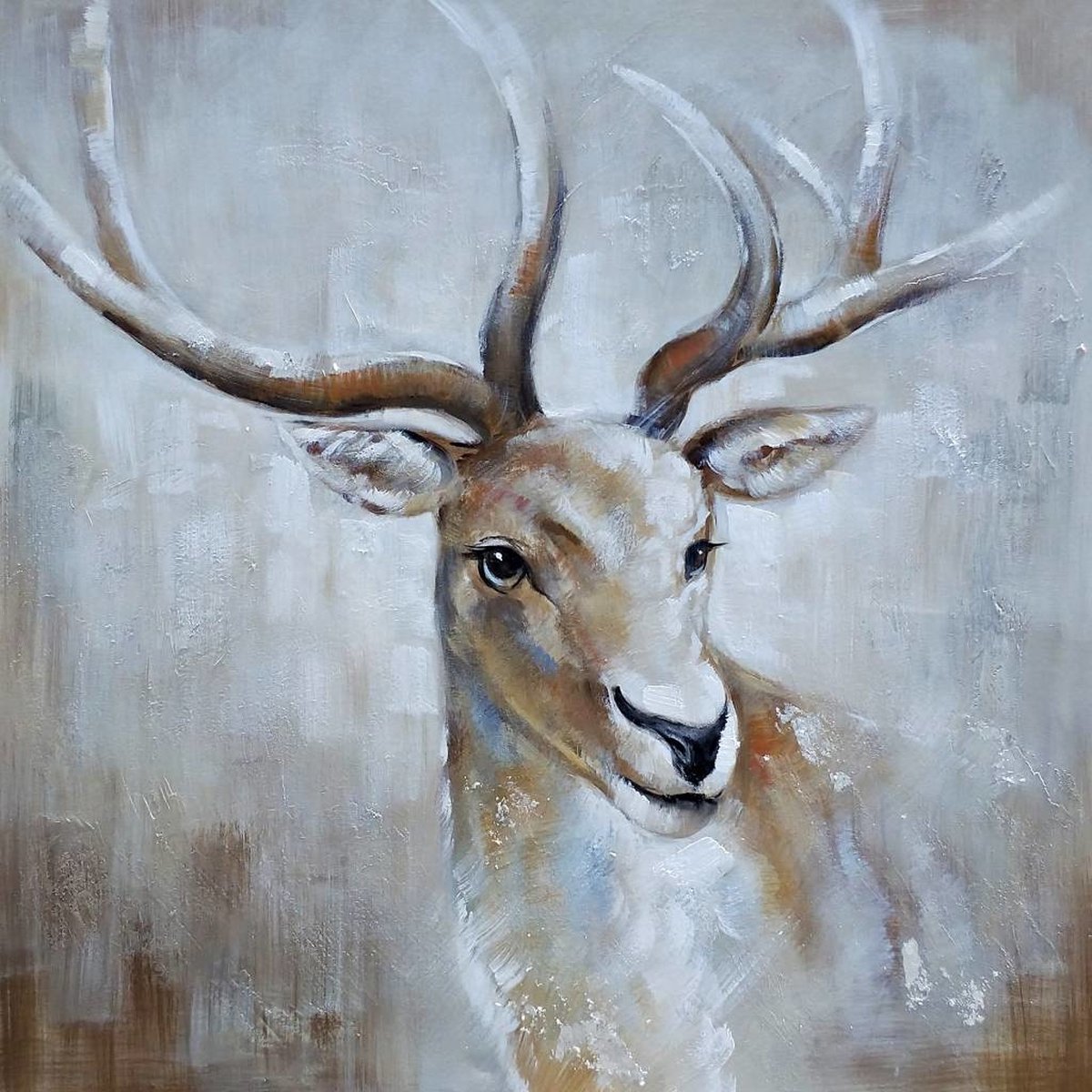 karo-art Schilderij - Handgeschilderd - Hert 3 100x100cm Multikleur