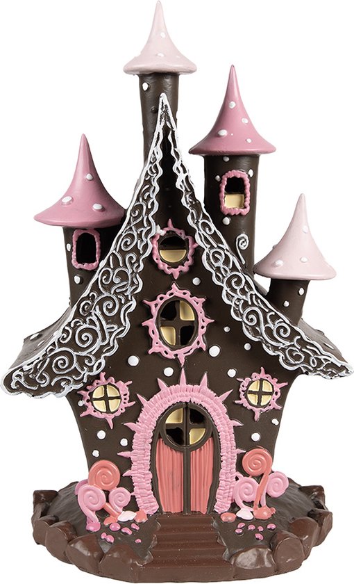 Foto: Clayre eef gingerbread house met led 16x13x26 cm bruin roze kunststof peperkoekhuisje