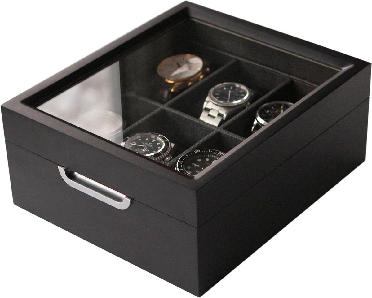 Moderne zwarte horlogebox met aluminium handvat - voor 6 horloges met echt glas top