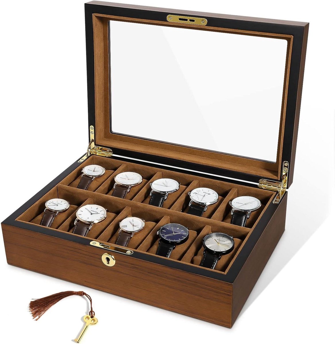 Houten horlogedoos met 10 vakken - sleutel en slot - afneembare pads - bruin oppervlak - juwelendoos voor heren en dames.