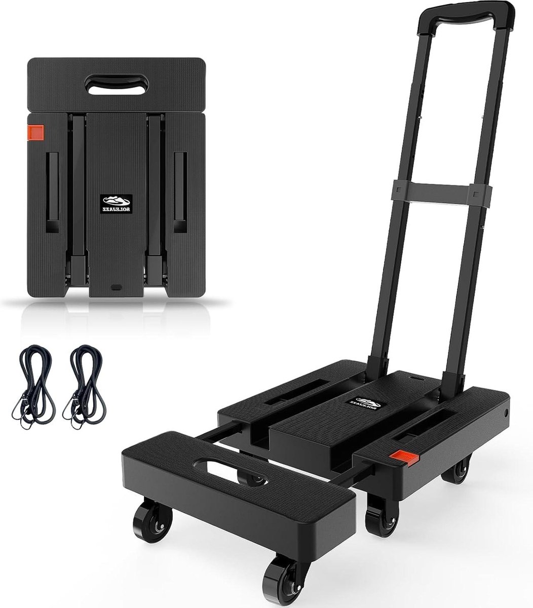 Opvouwbare steekwagen draagbare dolly verhuizen 230 kg trolley dolly 6 wielen 2 bungeekoorden bagage reizen verhuizen winkelen kantoorgebruik zwart