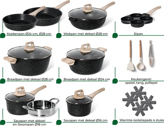 Batteries de cuisine à induction Just Perfecto 21 pièces - Ensemble de poêles avec couvercle pour toutes les sources de chaleur - Casseroles et poêles sans PFOA - PFAS