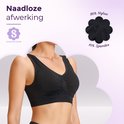 Mannequin portant un soutien-gorge noir sans couture, avec du texte sur 'Finition sans couture' et 90% nylon, 10% élasthanne.