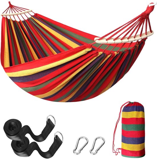 ANYOO Outdoor katoenen hangmat met boomriemen, draagbare campinghangmat met spreidstangen, reistas voor binnen, balkon, tuin, terras, tuin
