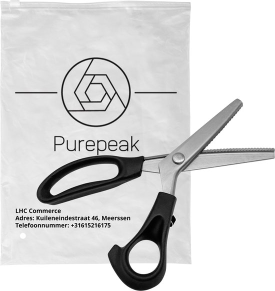 Purepeak zakje met een schaar met zwart handvat en metalen gekarteld mes.