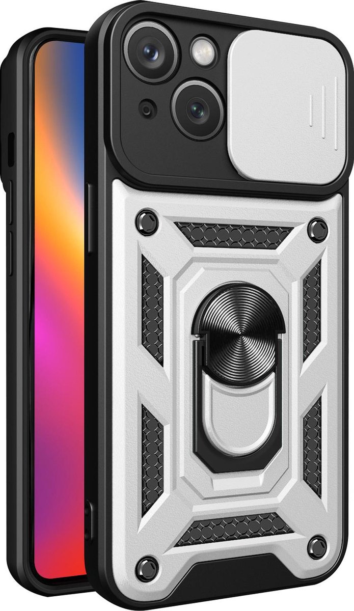 Hoesje geschikt voor iPhone 15 met Ringhouder en Camera schuifje - Arara backcover - Zilver