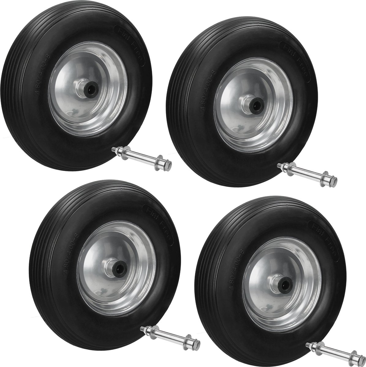 Set van 4 kruiwagenwielen 390 mm 4.80/4.00-8 met as, gestreept profiel, zwart, van PU-massief rubber