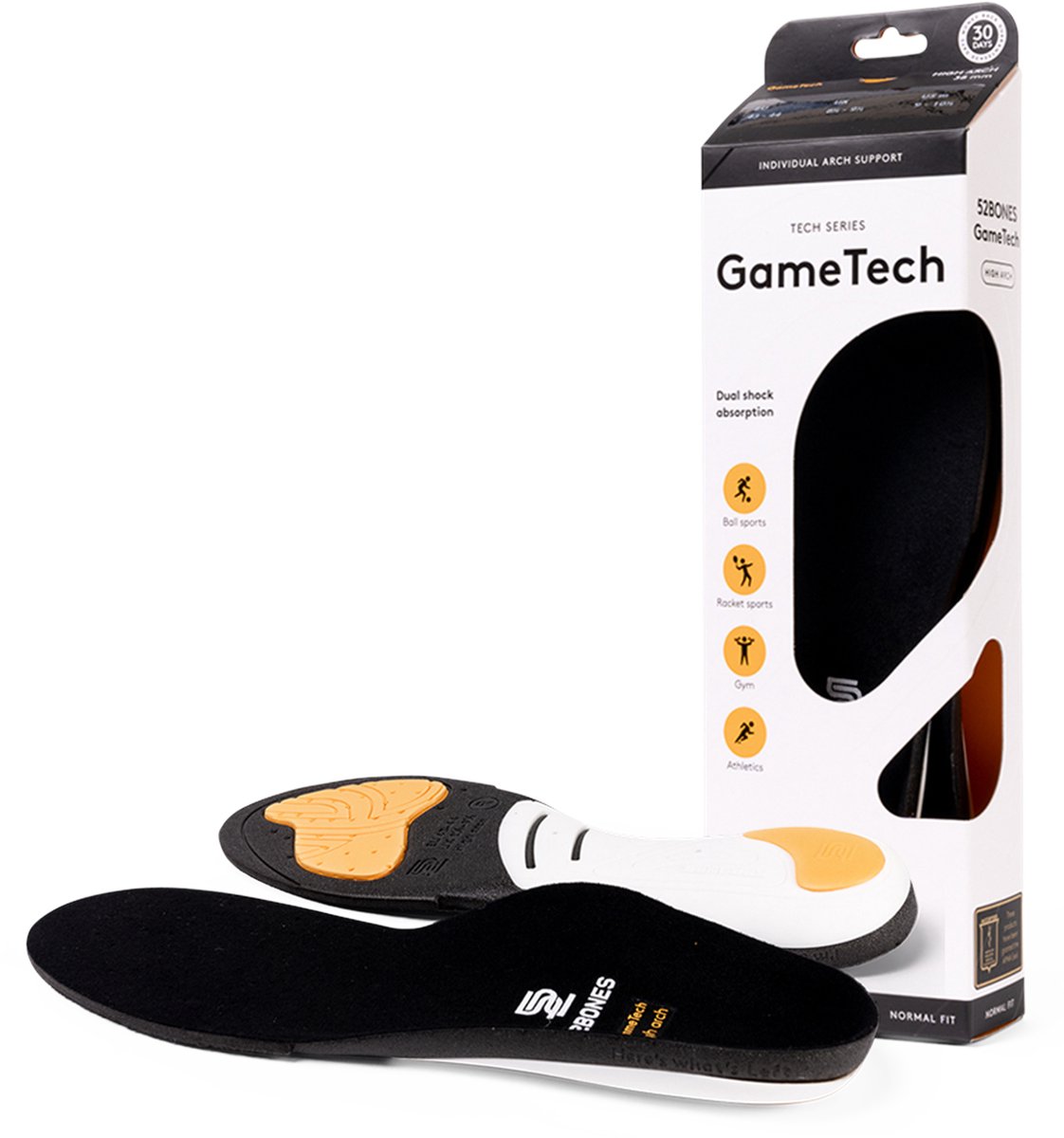 52Bones GameTech High Arch - premium inlegzolen met hoge voetboog - optimale demping hiel en voorvoet - geschikt voor voetbal, tennis, hockey en volleybal - maat 45/46 - 1 paar