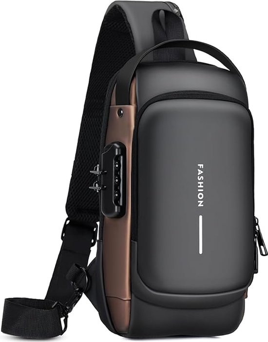 Fanny Pack Men - Antivol - Sac Poitrine avec Serrure et Port de Charge - Etanche - Zwart+ Marron
