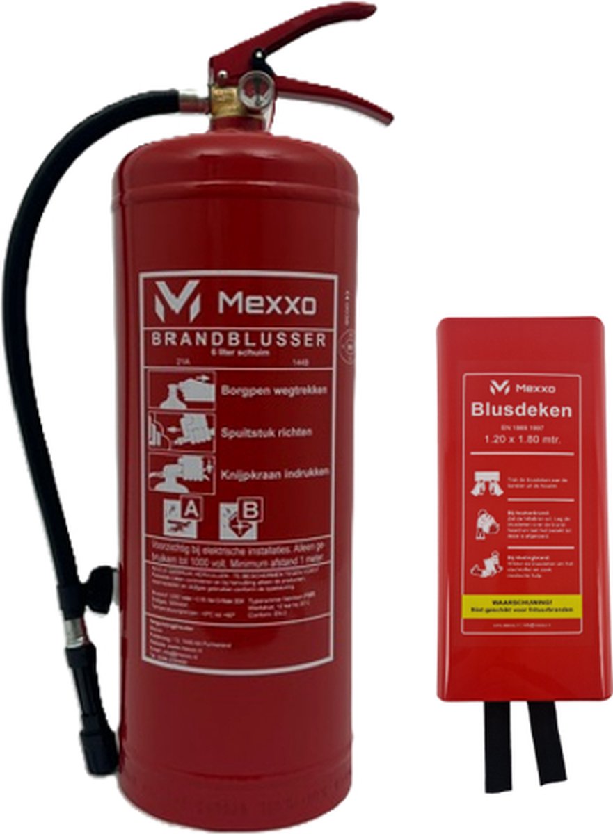 Schuimblusser 6 liter AB & Blusdeken 120 x 180cm - Mexxo veiligheidsset - Met bevestigingsmiddelen - Mexxo