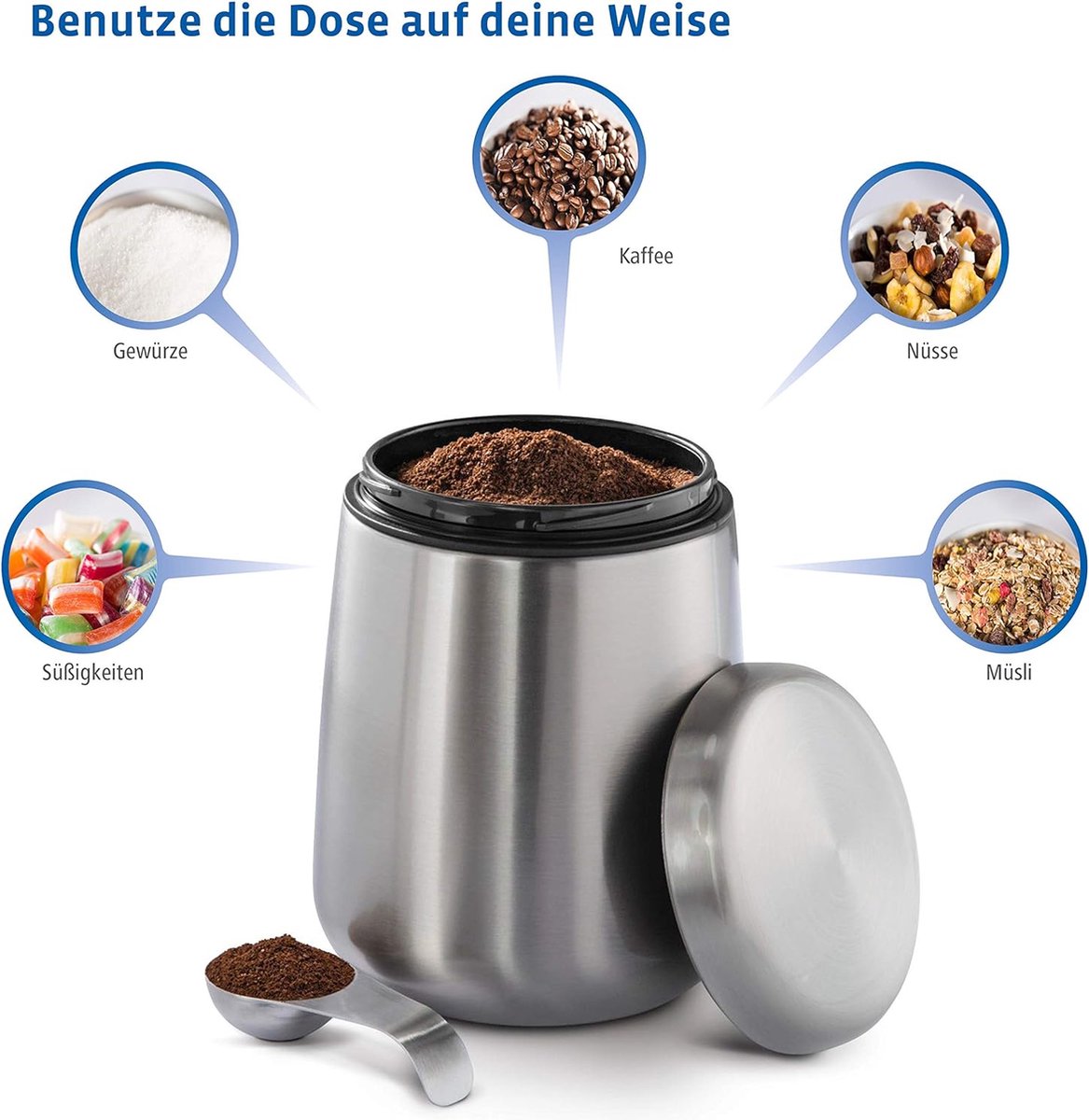 Koffieblik roestvrij staal 500 g I luchtdicht I incl. magnetische doseerlepel in het deksel I anti-fingerprint I koffiehouder met aromasluiting I opslag van 1 8 l 500 g koffie poeder bonen cacao