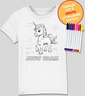 Inkleurbaar t-shirt kinderen – unicorn - kinderspeelgoed – 3 tot 8 jaar - eigen naam – gepersonaliseerd – kleuren – viltstiften voor kinderen – t-shirt
