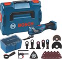 Bosch Professional multitool met blauwe koffer, accessoires, extra opbergdoos, en stickers met "weekdeals" en "garantie".