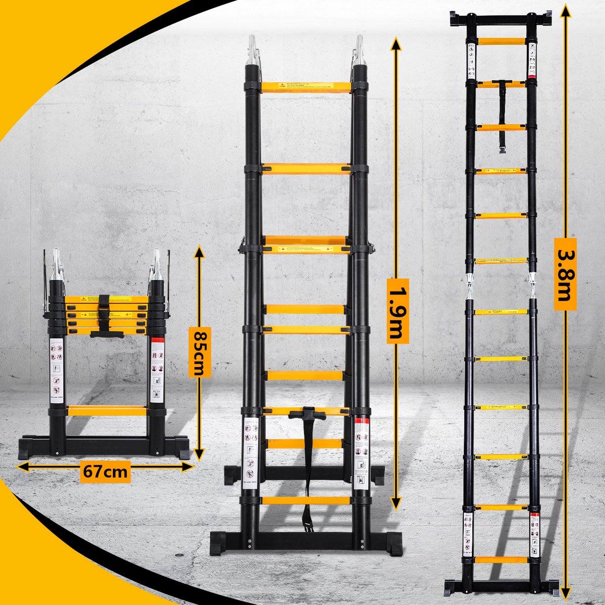 Telescopische Vouwladder 1,9m+1,9m- Telescopische Ladders Geel zwart Multifunctionele ladder – foto 3