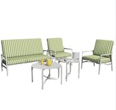 VORLOU - Vierdelige outdoor sofa set, vier zitjes, twee ronde salontafels, beige gegalvaniseerde stalen buis, groen en wit gestreepte kussens (afneembaar en wasbaar), kussens met bandjes, beige groen