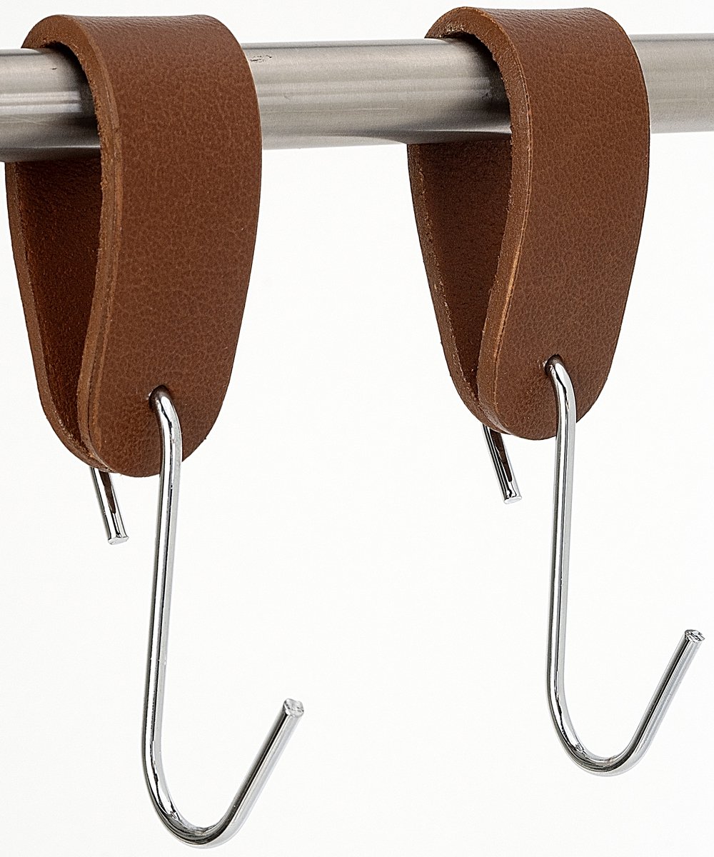 Buffel&Co ophanghaken - Lederen S - haakjes - Kapstokhaken - Handdoekhaakjes - Cognac - Zilver - Leer