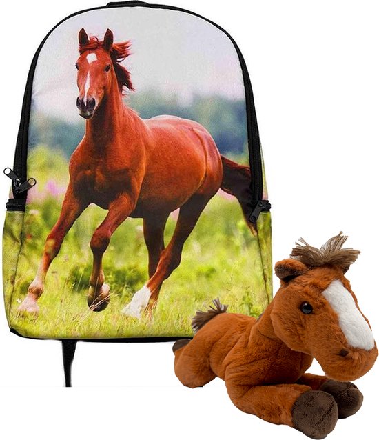 Rugzak Paard - rugtas bruin paard - 42cm x 28cm x 12cm - inclusief pluche knuffel 32 cm