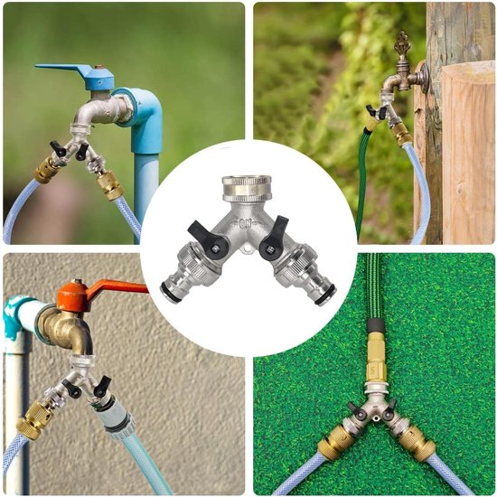 Zilveren Y-kraanverdelers aangesloten op diverse buitenkranen en tuinslangen, met voorbeelden van grote wateropeningen.