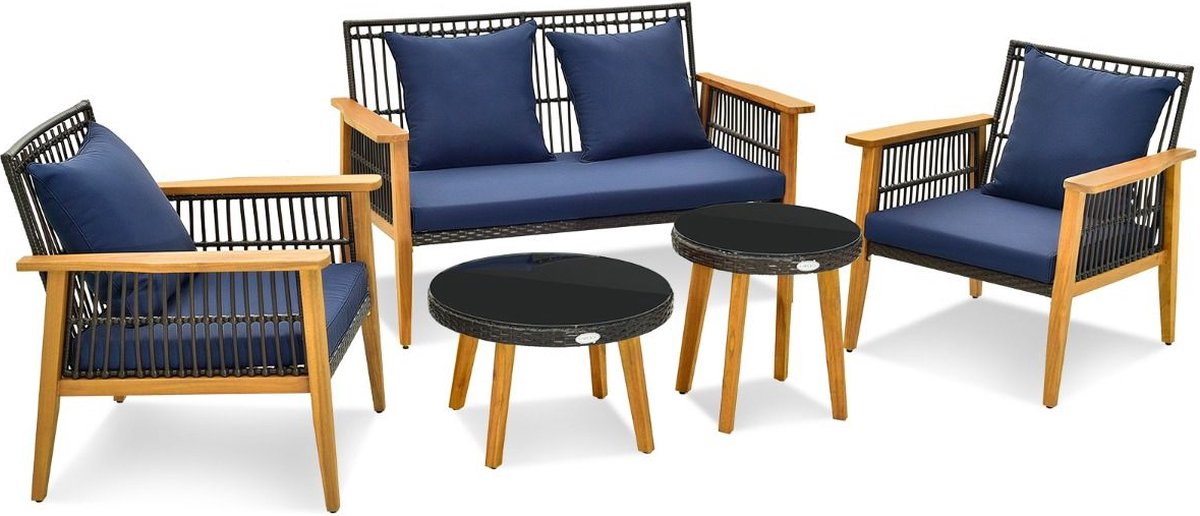 SureDeal® - Loungeset - Luxe Tuinset - 5-Delig - Marineblauw - Inclusief Kussens - 4 Personen - Bistroset - Tuinstoelen - Tuintafel - Tuinmeubel - Twee Salontafels